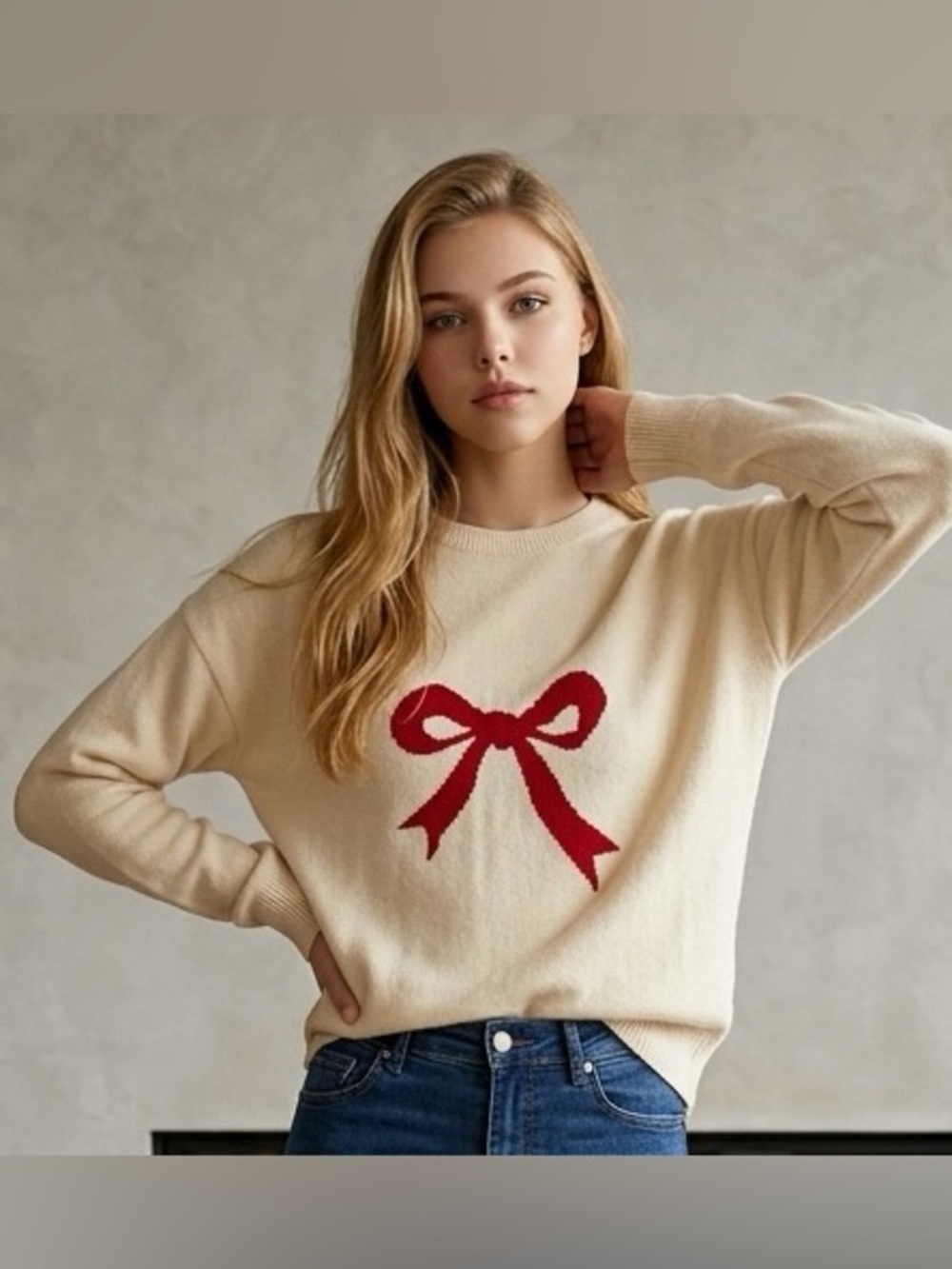 EVALESS Women's Sz L Crewneck Bow Graphic Lightweight Coquette style Sweater